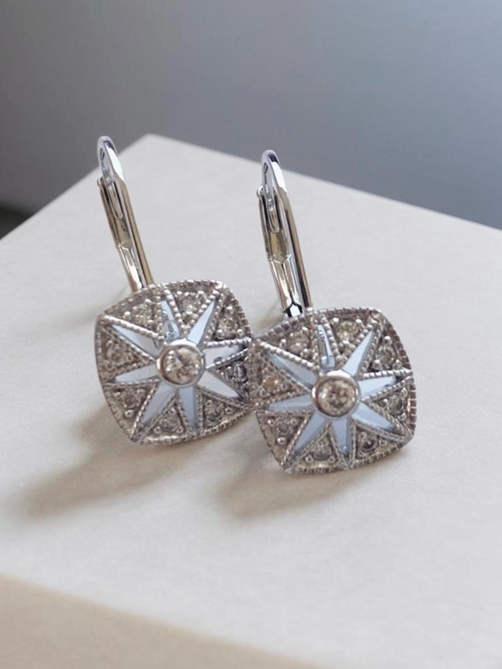Sterling Silver and Crystal Starburst Drop Earrings  Leverback